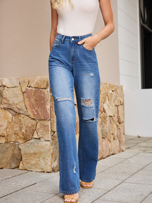 Classic Relaxed High Waisted Ripped Light Wash Straight Leg Jeans