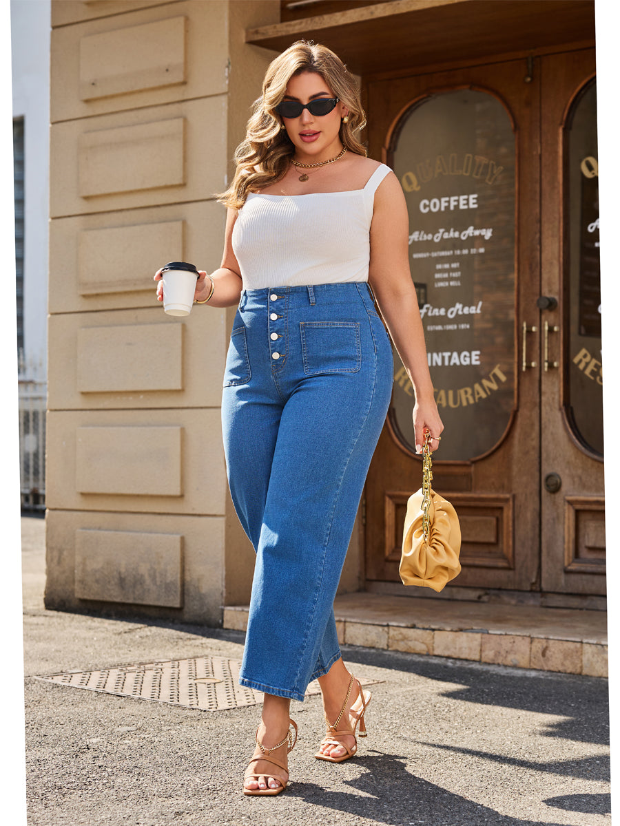 Loose Fit High Waist Stretch Dual Front Pockets Straight Leg Jeans