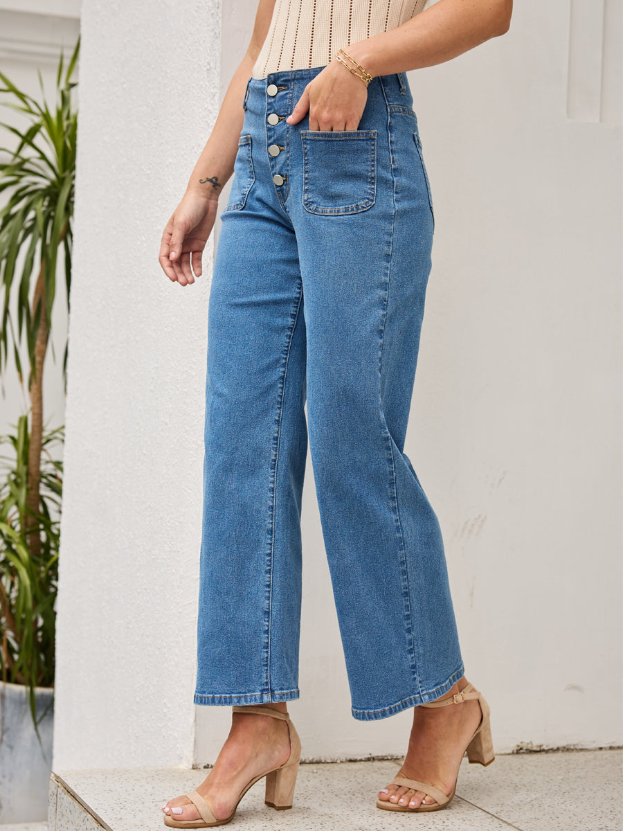 High Waist Stretch Dual Front Pockets Straight Leg Jeans