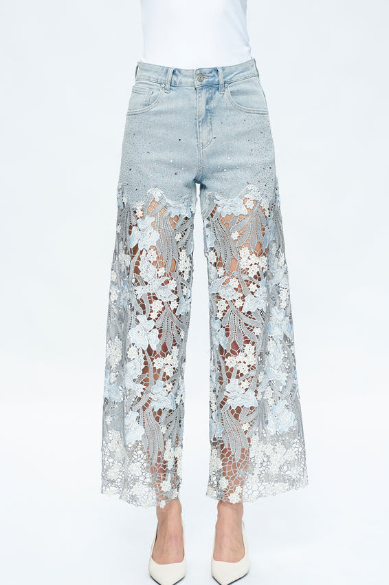 High Rise Wide Leg Lace Denim Jeans With Rhinestones