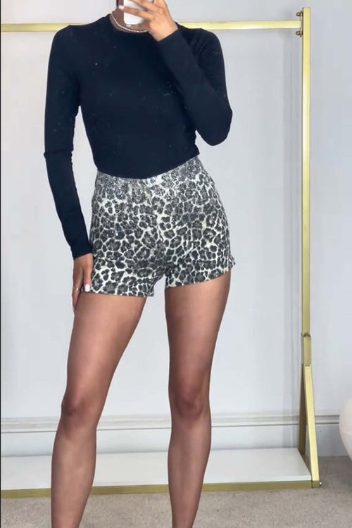 Leopard Print Diamante Denim Shorts