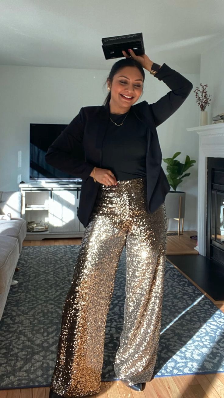 Plus Size Cocktail Party Black Sequin Pocket Pants