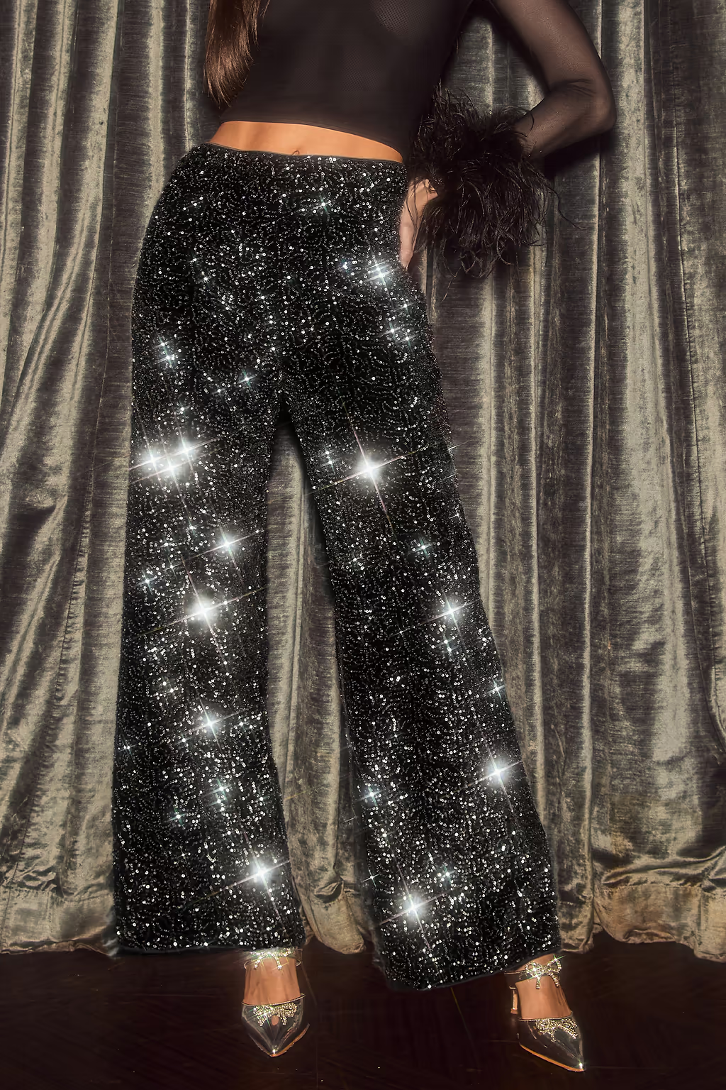 Plus Size Cocktail Party Black Sequin Pocket Pants