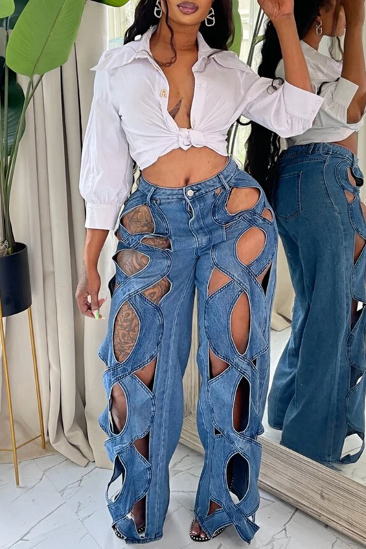 Solid Hollowed Out Patchwork High Waist Regular Denim Jeans