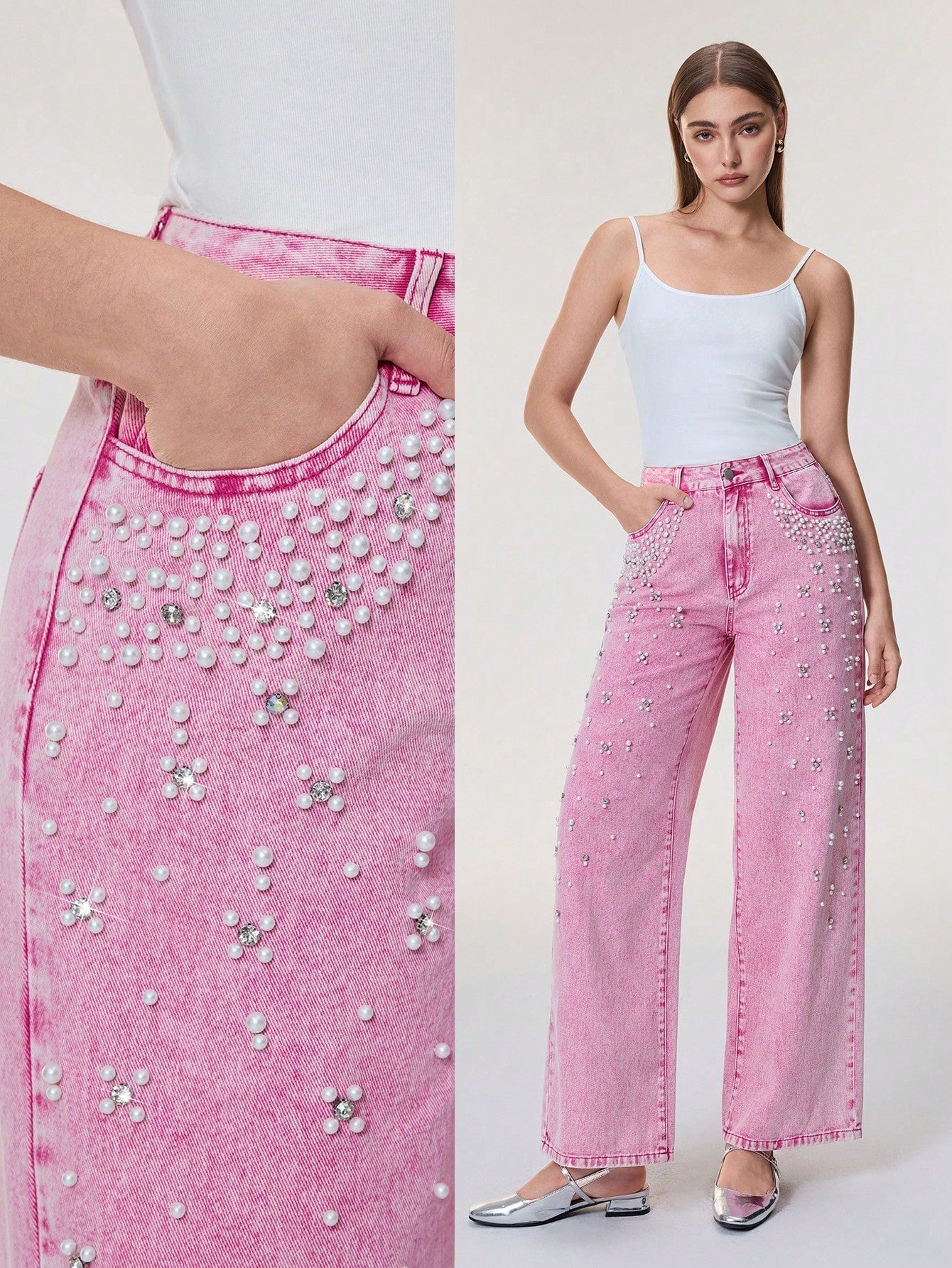 Women's Jeans With Faux Pearl