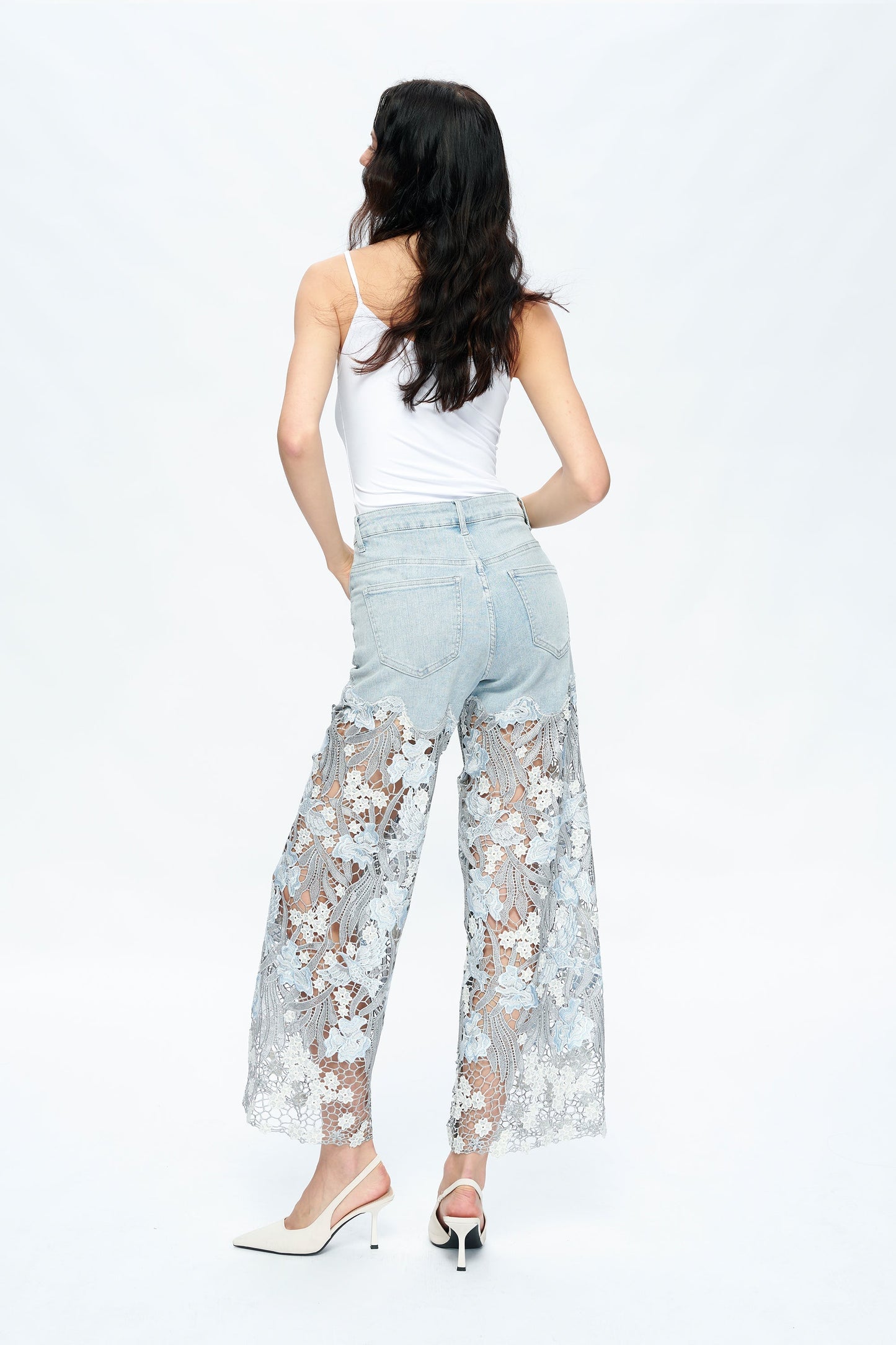 High Rise Wide Leg Lace Denim Jeans With Rhinestones