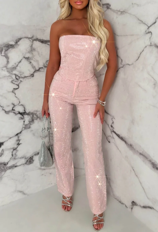 Ultimate Sparkle Pink Straight Leg Stretch Diamante Jeans And Top