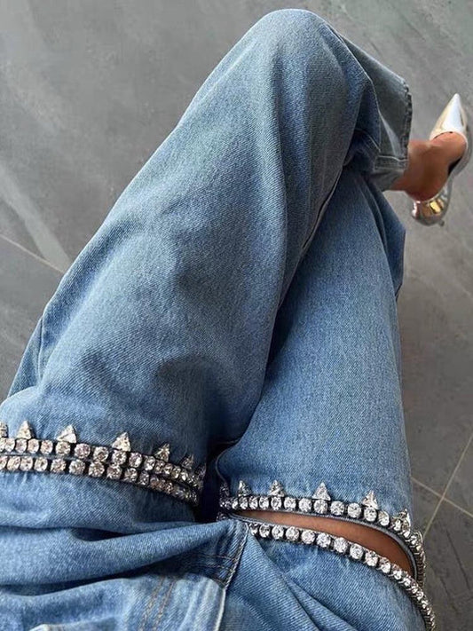 High Waisted Embellished Cut-Out Jeans