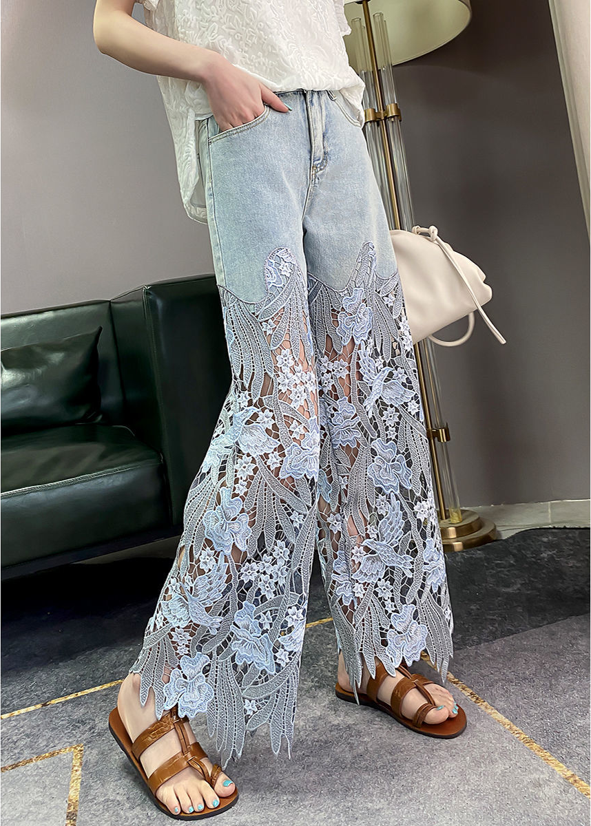 Women Wide Leg Sheer Mesh Star Print Splice Denim