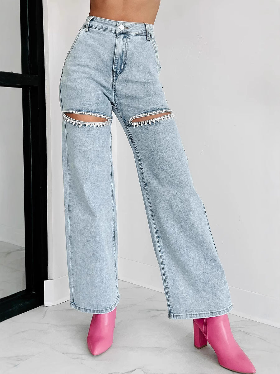 High Waisted Embellished Cut-Out Jeans