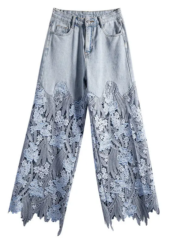 Women Wide Leg Sheer Mesh Star Print Splice Denim