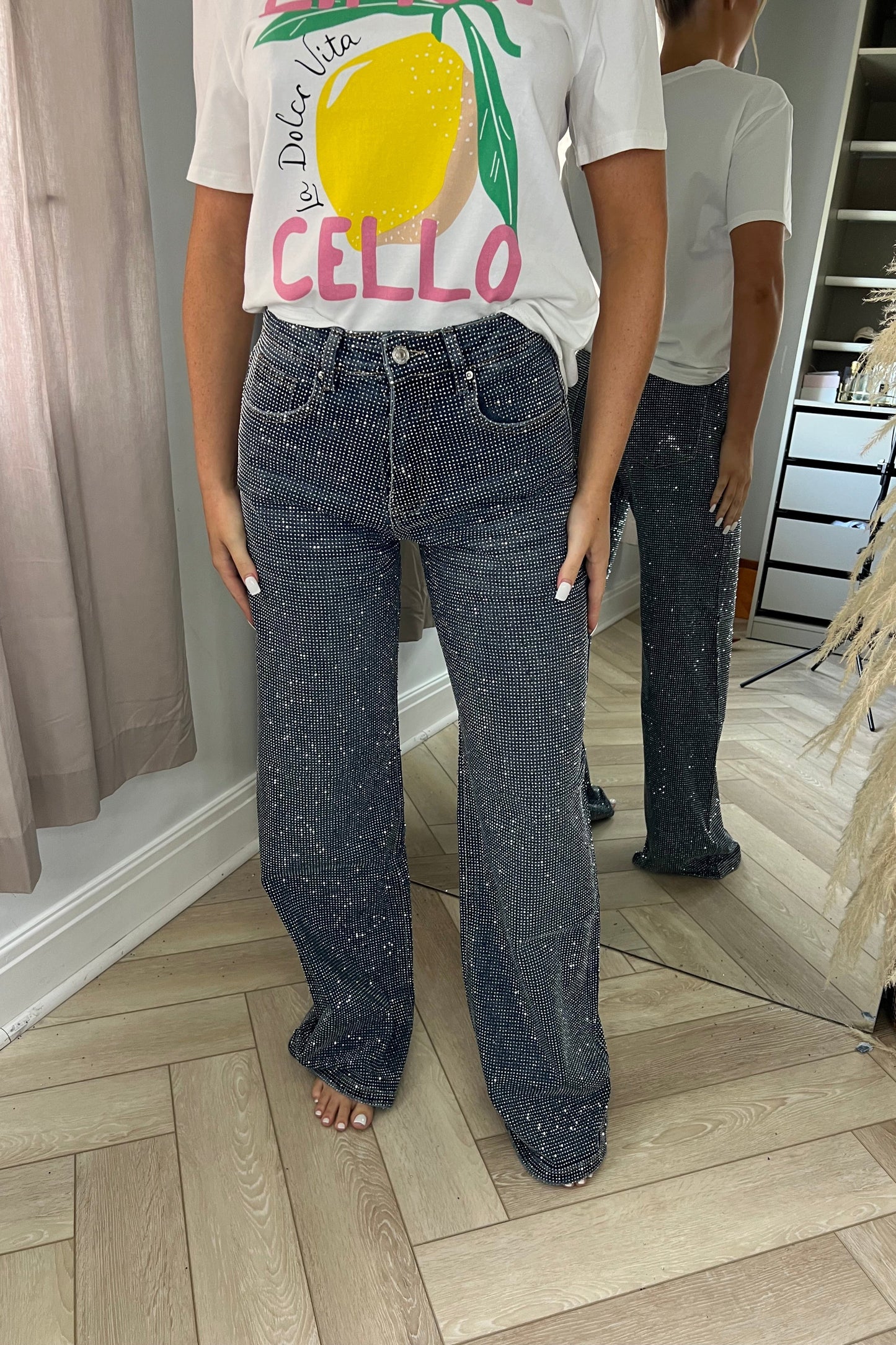 Full Diamanté Blue Wide Leg Sparkle Covered Jeans