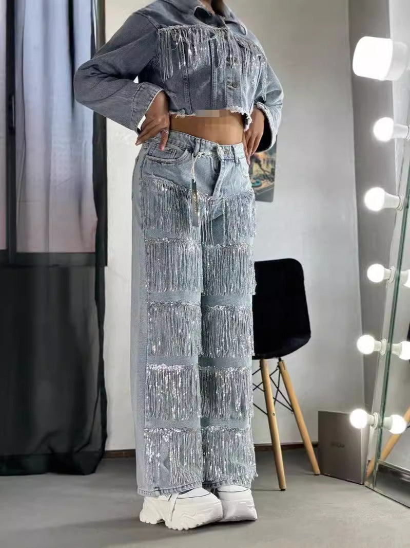 Womens  High Waisted Straight Wide Leg Sequin Tassels Jeans