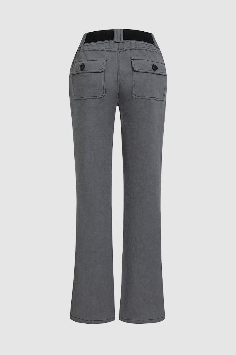 Button Detail Drawstring Low Rise Flare Pants