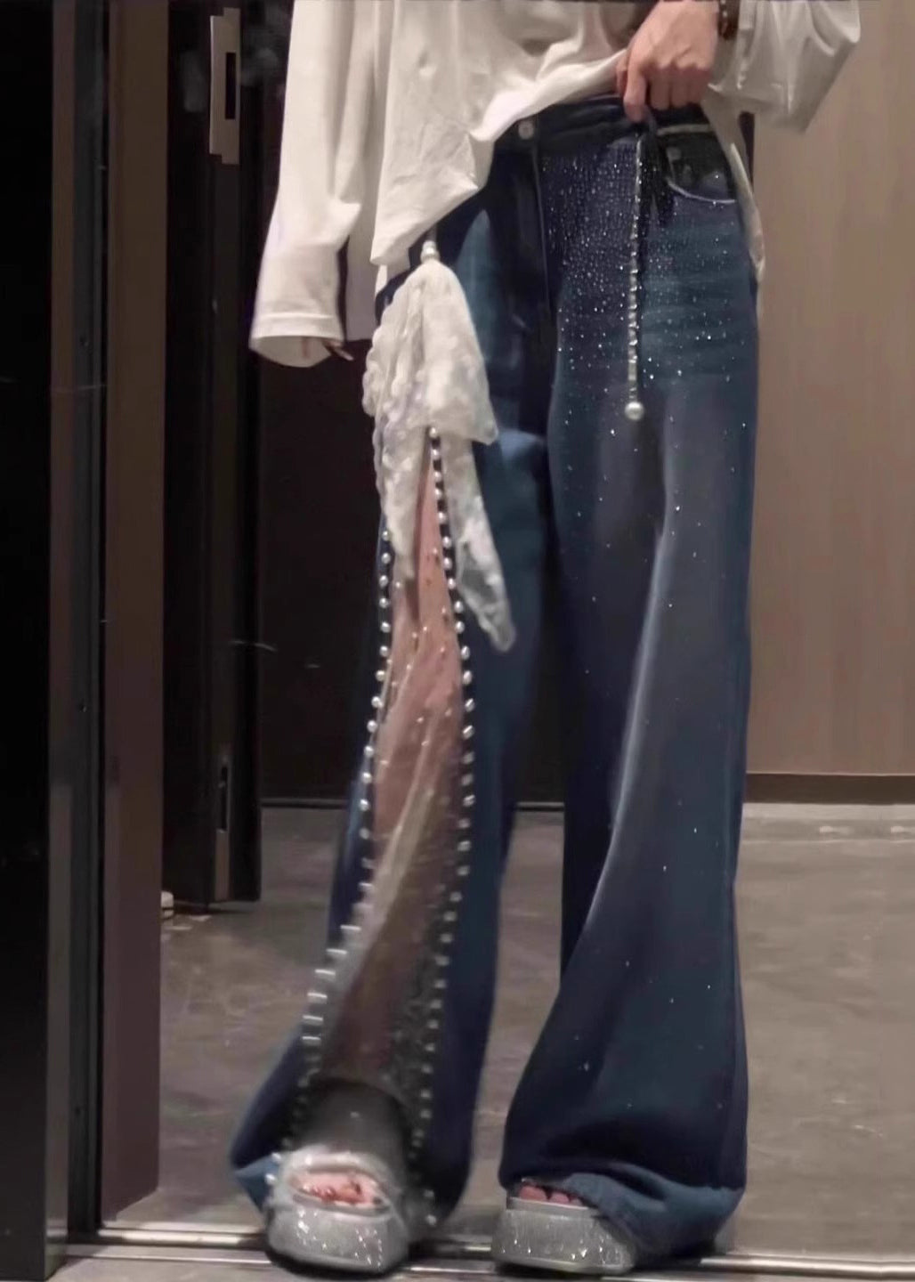 Lace Mesh Patchwork Baggy Jeans