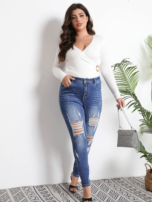 Tummy Control Distressed Cuffed Boyfriend Jeans