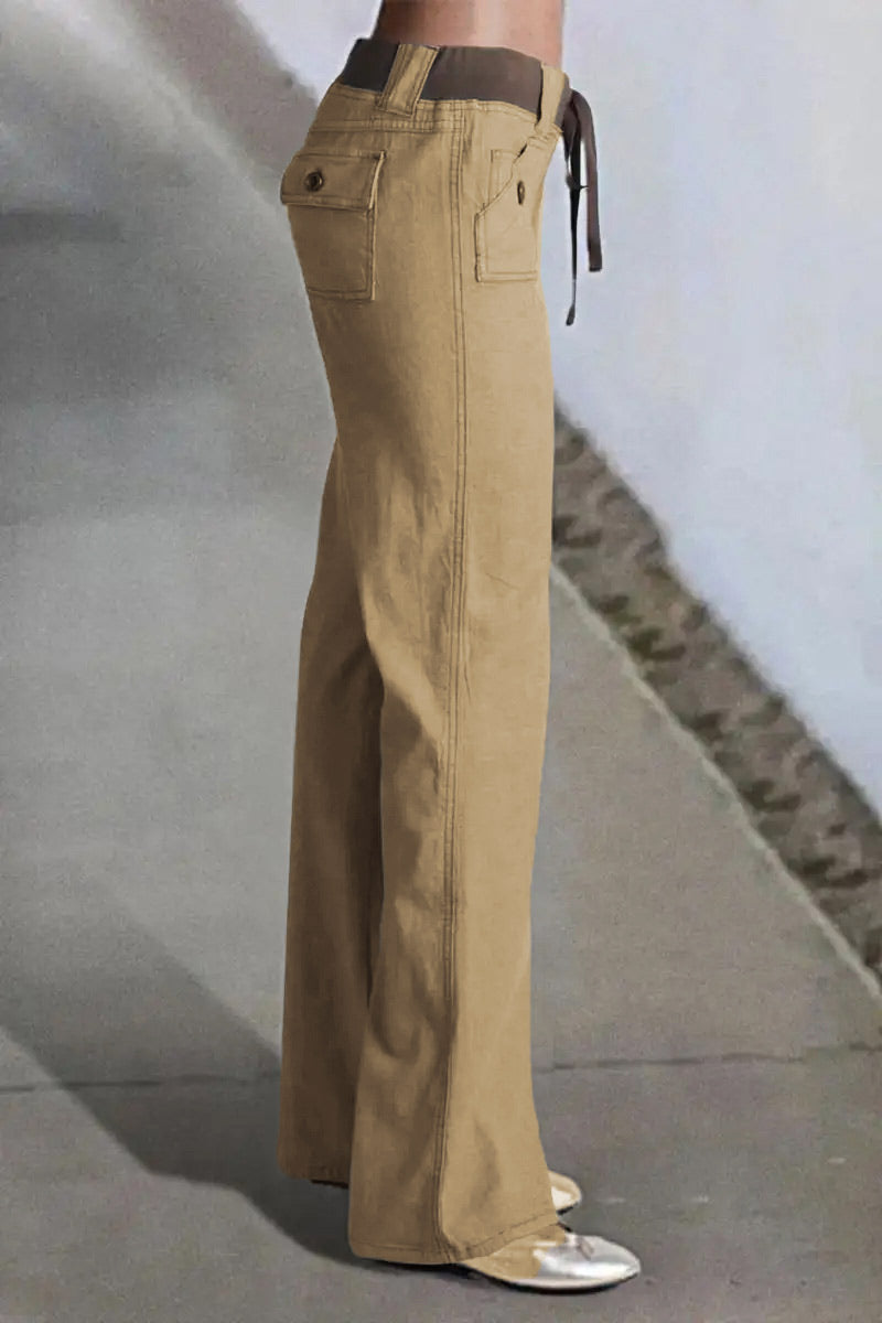 Button Detail Drawstring Low Rise Flare Pants