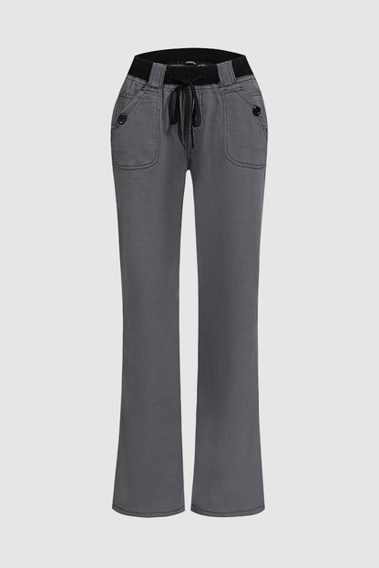 Button Detail Drawstring Low Rise Flare Pants