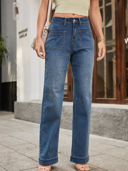 High Waist Patch Pocket Wide Leg Jeans for Women
