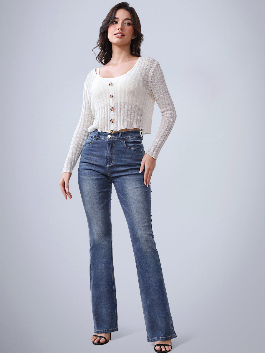 High Waist Retro Slim Washed Flared Jeans