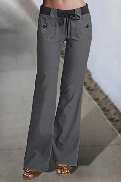 Button Detail Drawstring Low Rise Flare Pants