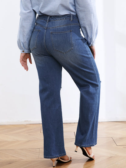 High Waisted Ripped Light Wash Straight Leg Jeans