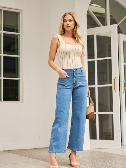 High Waist Stretch Dual Front Pockets Straight Leg Jeans