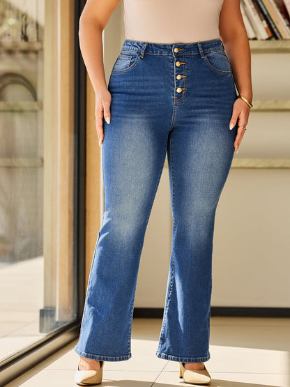 Multi-Button Washed Elastic Bell Bottom Jeans