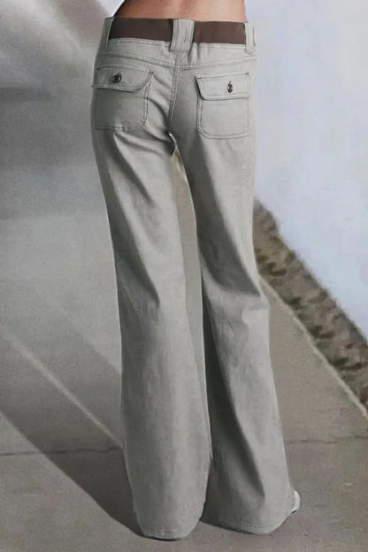 Button Detail Drawstring Low Rise Flare Pants