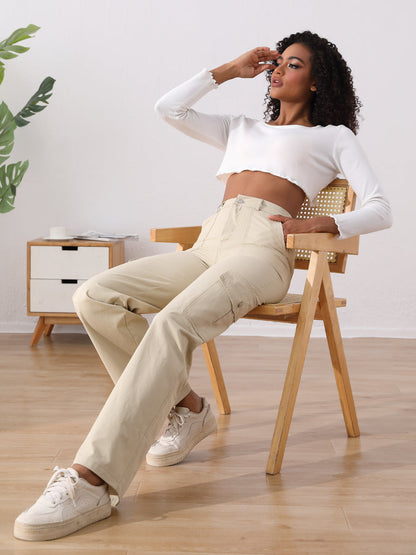 High Waist Flap Pocket Side Cargo Jeans