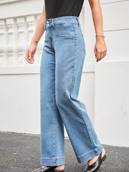 Tummy Control Double Button Closure Wide-Leg Jeans
