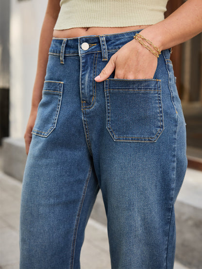 High Waist Patch Pocket Wide Leg Jeans for Women