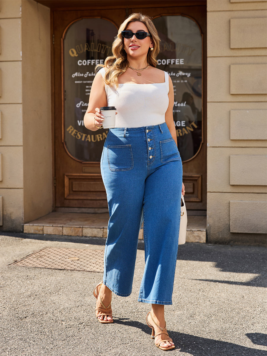 Loose Fit High Waist Stretch Dual Front Pockets Straight Leg Jeans