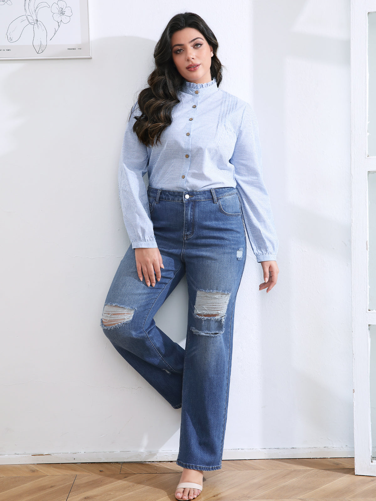 High Waisted Ripped Light Wash Straight Leg Jeans