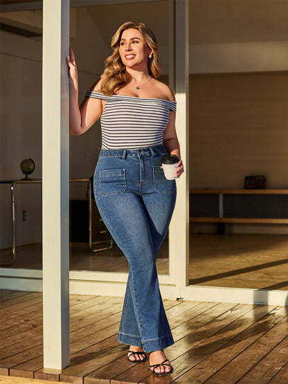 70s Retro High Waist Patch Pocket Stretch Flare Jeans