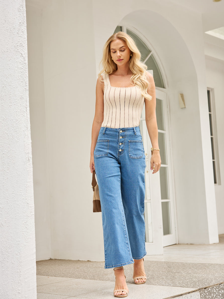 High Waist Stretch Dual Front Pockets Straight Leg Jeans