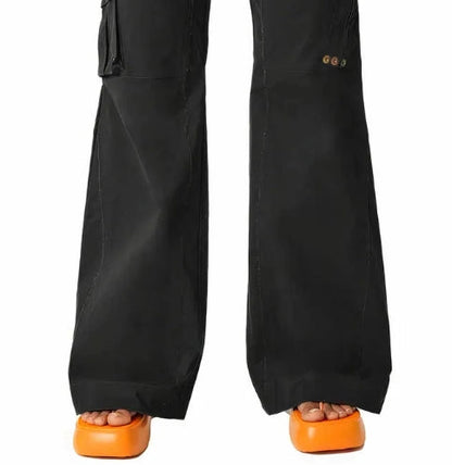 Button Detail Drawstring Low Rise Flare Pants