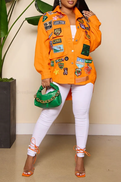 Womens Yellow Street Patchwork Turndown Collar Long Sleeve Denim Jacket