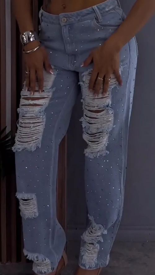 Hot Diamond Scratch Mark Hollow Skinny Jeans