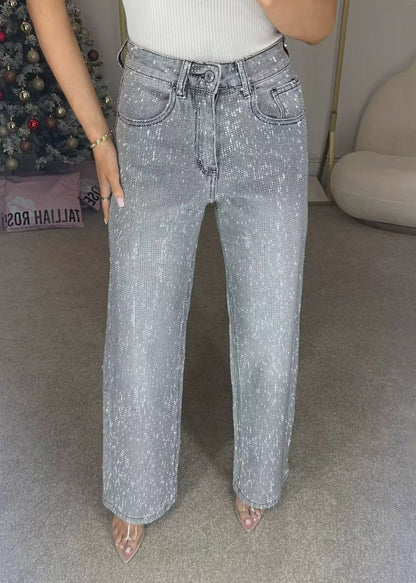 High Waisted Diamanté Straight Leg Grey Jeans
