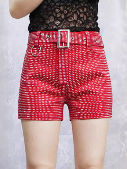 High Waist Rhinestone Belt Wide Leg Denim Shorts