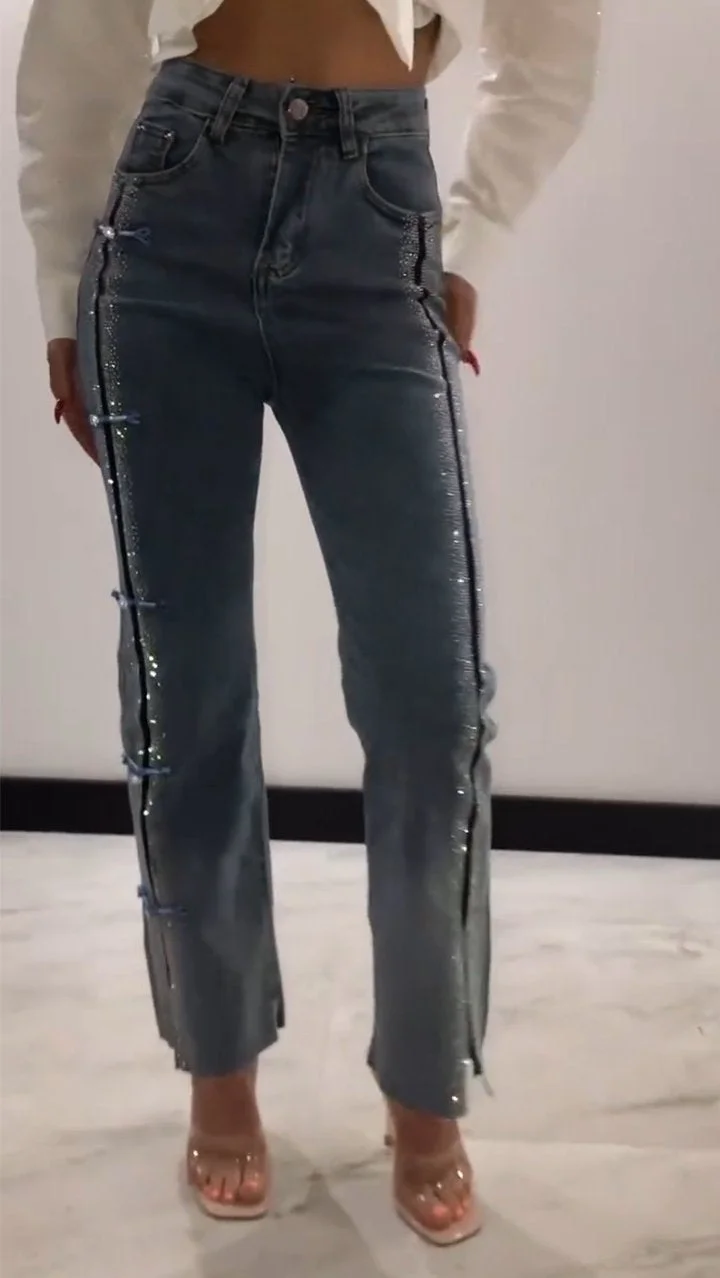 Diamond Patchwork Design Slit Slim Jeans