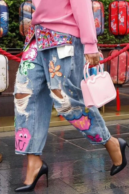 Women's Heavy-duty Rhinestone Printed Ripped Jeans