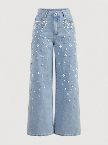 Women's Jeans With Faux Pearl