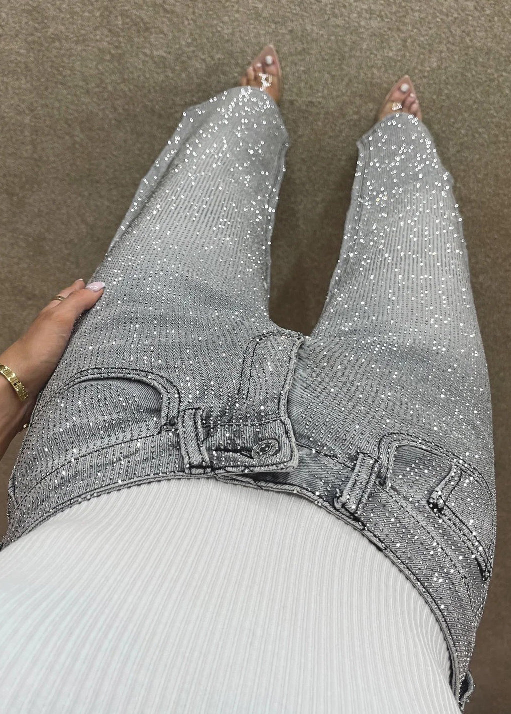High Waisted Diamanté Straight Leg Grey Jeans