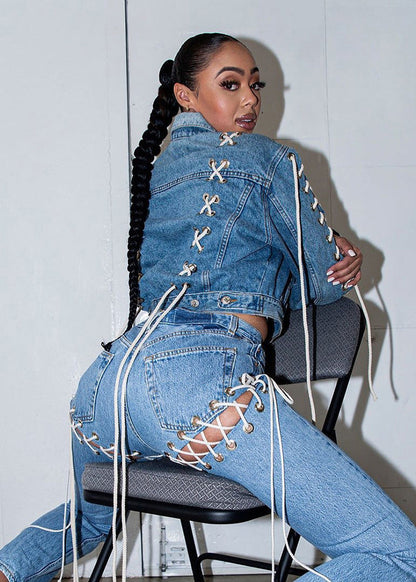 Ladies Denim Blue Lace-up Straight Trend Denim Tights