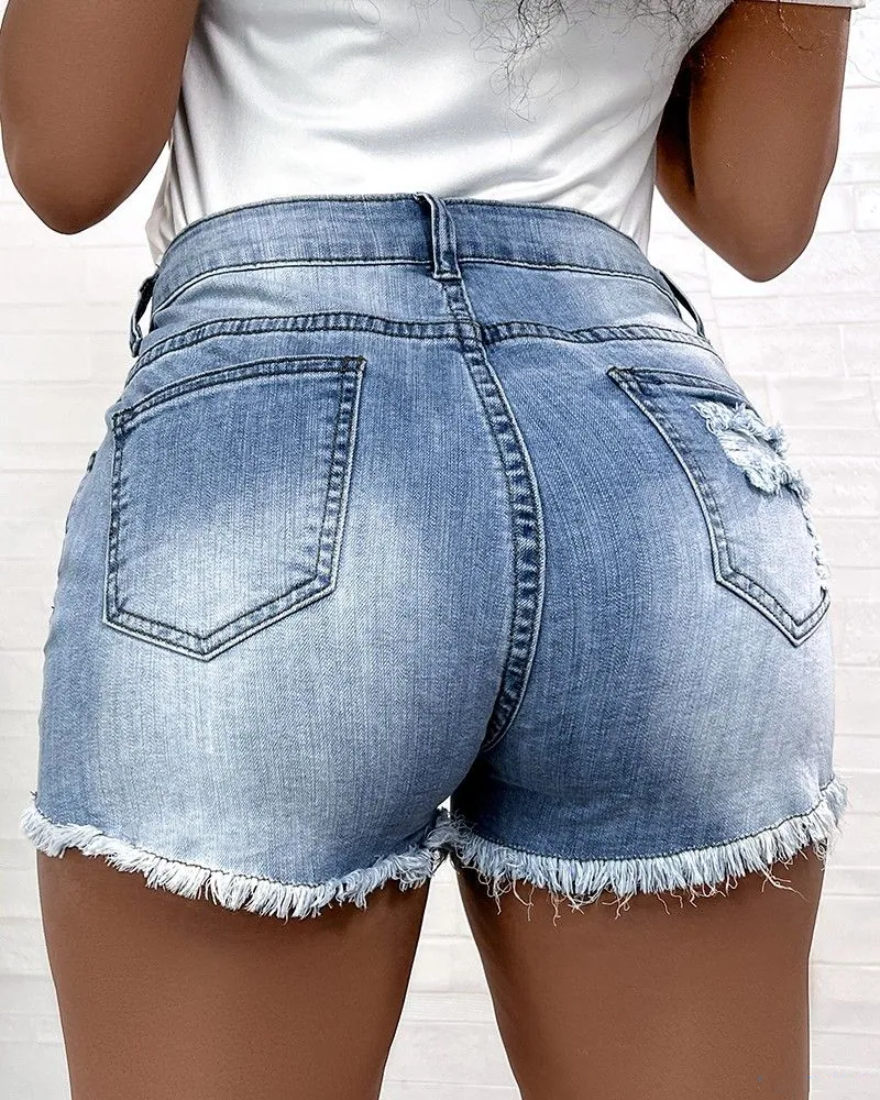 Premium Rhinestone Embellished Raw Hem Denim Shorts