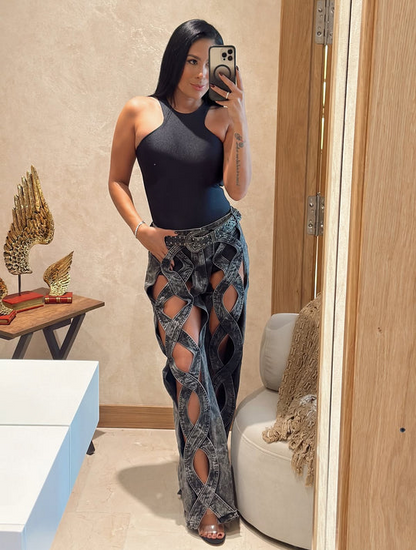 Solid Hollowed Out Patchwork High Waist Regular Denim Jeans