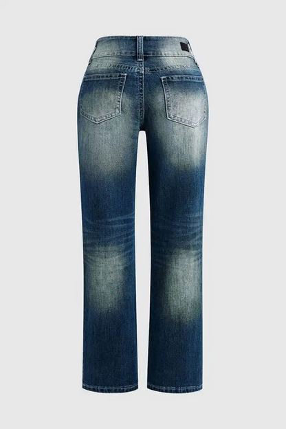 Wash Stretchy Double Button Mid Waist Bootcut Jeans