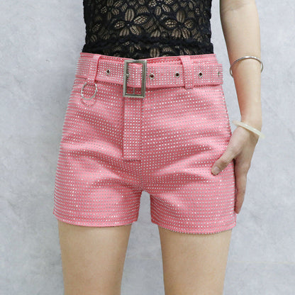 High Waist Rhinestone Belt Wide Leg Denim Shorts